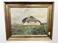 H R Frost : Children with a cart by a cottage, oil on canvas, 50 cm x 38 cm.