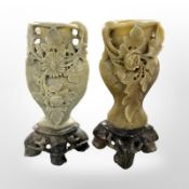Two Chinese carved soapstone spill vases, height 15cm.