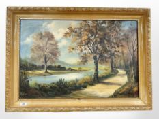 Dallas Simpson : A pathway by a river, oil on canvas, 75cm x 49cm.