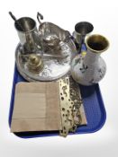 An embroidered bell pull with gilt metal mounts, group of plated wares,