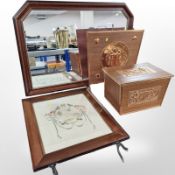 A teak and copper plated coal bin, an embroidered fire screen and an overmantle mirror.