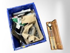 A group of tools, boxed Mercer pressure gauge, draughtsman's square, metal chain links,
