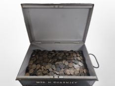A metal deed box containing a large quantity of Victorian and later pennies.