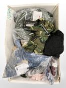 A box of new clothing, to include, Prettylittlething, jeans, Boohoo, Gant, Burton Menswear, etc.