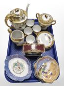 A Japanese export coffee set, Royal Doulton porcelain quartz mantle time piece,