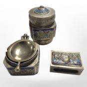 A Chinese enameled brass matchbox, similar match tray and circular lidded pot, height 9 cm.