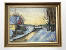 Danish School : Bridge over a stream in snow, oil on canvas, 49 cm x 36 cm.