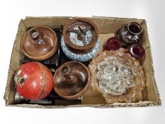 A petrol glass bowl, crystal drop lustres, pair of turned fruitwood candlesticks,