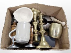 A pair of Victorian brass candlesticks, further pair of Deco turned oak candlesticks,