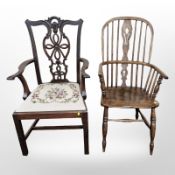 A 19th century elm Windsor chair and a carved mahogany Chippendale style armchair
