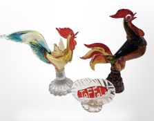 Two Murano glass cockerels, tallest 39 cm, and a Toffolo paperweight.