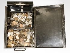 A metal deed box containing 15.4 kilos of antique and later world coins.