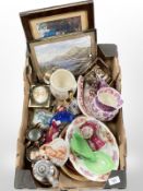 A box containing pottery, antique and later ceramics, pictures and prints,