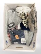A box of new clothing, to include, Boohoo, Isawitfirst, sportswear, childs wetsuit, ASOS,