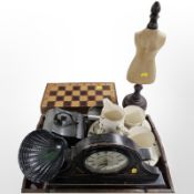 A pokerwork chessboard and pieces, together with an oak twin handled serving tray,
