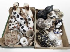 A group of Staffordshire dog ornaments, further ornaments of cats, modern ceramic tiles,
