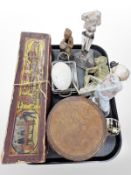 A group of items including leather collar box, glass candlestick, Spanish clown figure,