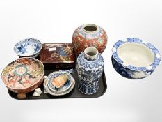 A group of Oriental ceramics and further items, to include blue and white vase, lacquered box,