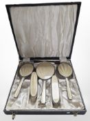 A silver mounted guilloche enamel five piece dressing table set,
