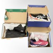 Three pairs of new shoes - Mizuno, size 7.5, Asics, size 10.5 and Puma, size 12.