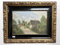 D Hording : Chickens by a cottage, oil on canvas, 47cm x 32cm.