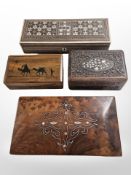 Two Indian bone inlaid hardwood trinket boxes and two further Eastern boxes, largest 27 cm wide.