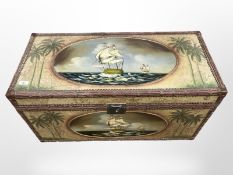 A reproduction trunk with ship decoration, width 87 cm.
