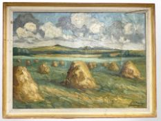 F Becker : Haystacks in a field, oil on canvas, 60 cm x 43 cm.