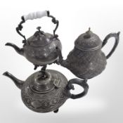 Three 19th century pewter teapots