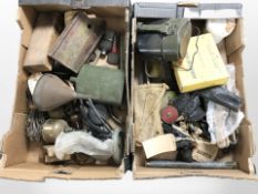 Assorted vintage tools, canteen, length of measuring chain, tape measure, spirit level,