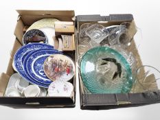 Assorted 20th century glasswares, collectors plates, blue and white willow pattern meat plates,