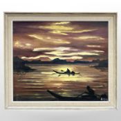 Danish School : Figures on a lake at sunset, oil on board, 59 cm x 50 cm.