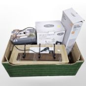 A group of boxed homewares, coat racks, coffee grinder, perculator,