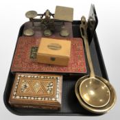 A set of Victorian brass postal scales, three soup ladles, tin bone inlaid trinket box,