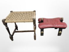A brass mounted camel stool and a rattan stool