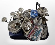 A quantity of silver plated wares, Norweigan pewter bowl on pedestal, various collectors spoons,