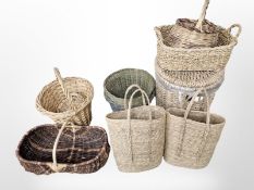 Eight various wicker baskets, hamper,