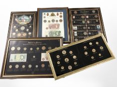 A group of coin montages, largest 51cm wide.