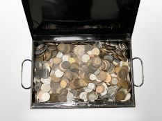 A metal deed box containing approximately 10 kilos of antique and later world coins.