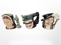 Three Royal Doulton character jugs, Dick Turpin, Athos and Catherine of Aragon.
