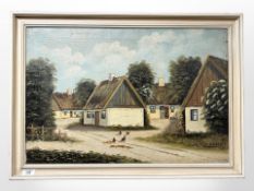 E Rasmussen : Chickens by thatched buildings, oil on canvas, 64cm x 43cm.