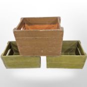 Three painted pine bottle crates,