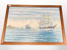 20th Century School : Tall ships entering the Tyne, oil on board, 86 cm x 60 cm.
