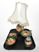 Five pieces of Moorcroft pottery, to include a table lamp, two lidded boxes,