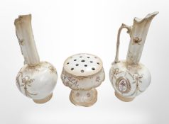 A Crown Devon Fieldings pedestal rose bowl and a pair of Royal Devon ewers,