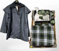 A Backhouse outdoor wax jacket, chest 38, and a box of tins of Barbour wax, tartan blanket,