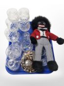 A set of five crystal wine glasses, further wine glasses,