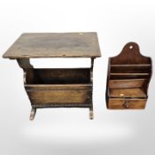 A reproduction oak magazine table and a pine correspondance shelf