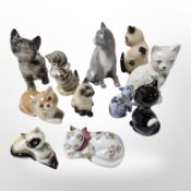 A group of porcelain cat ornaments, including Belleek, John Beswick, Goebel, etc, tallest 11cm.