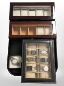 Three modern watch display boxes containing seven gents wristwatches, including Accurist, Ingersoll,